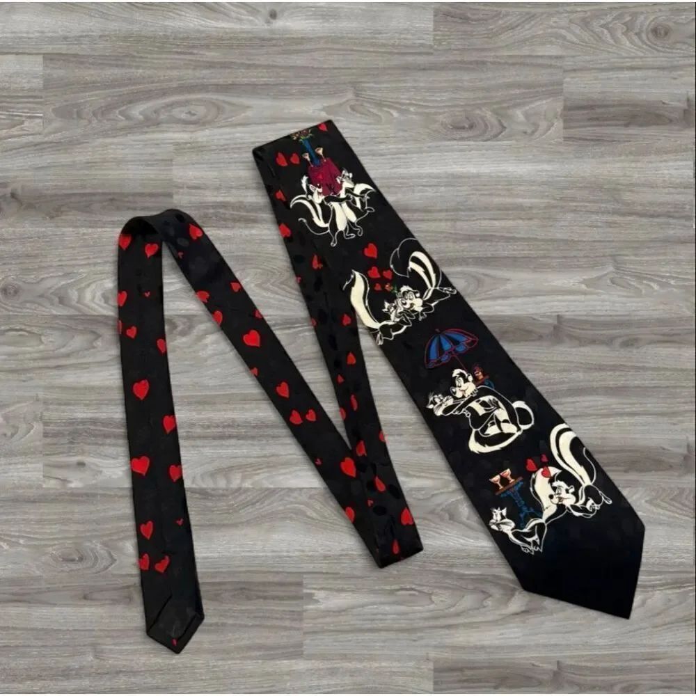 Vintage Looney Tunes 90s Peppe Le Pew Novelty Black Tie Neck Tie Valentines